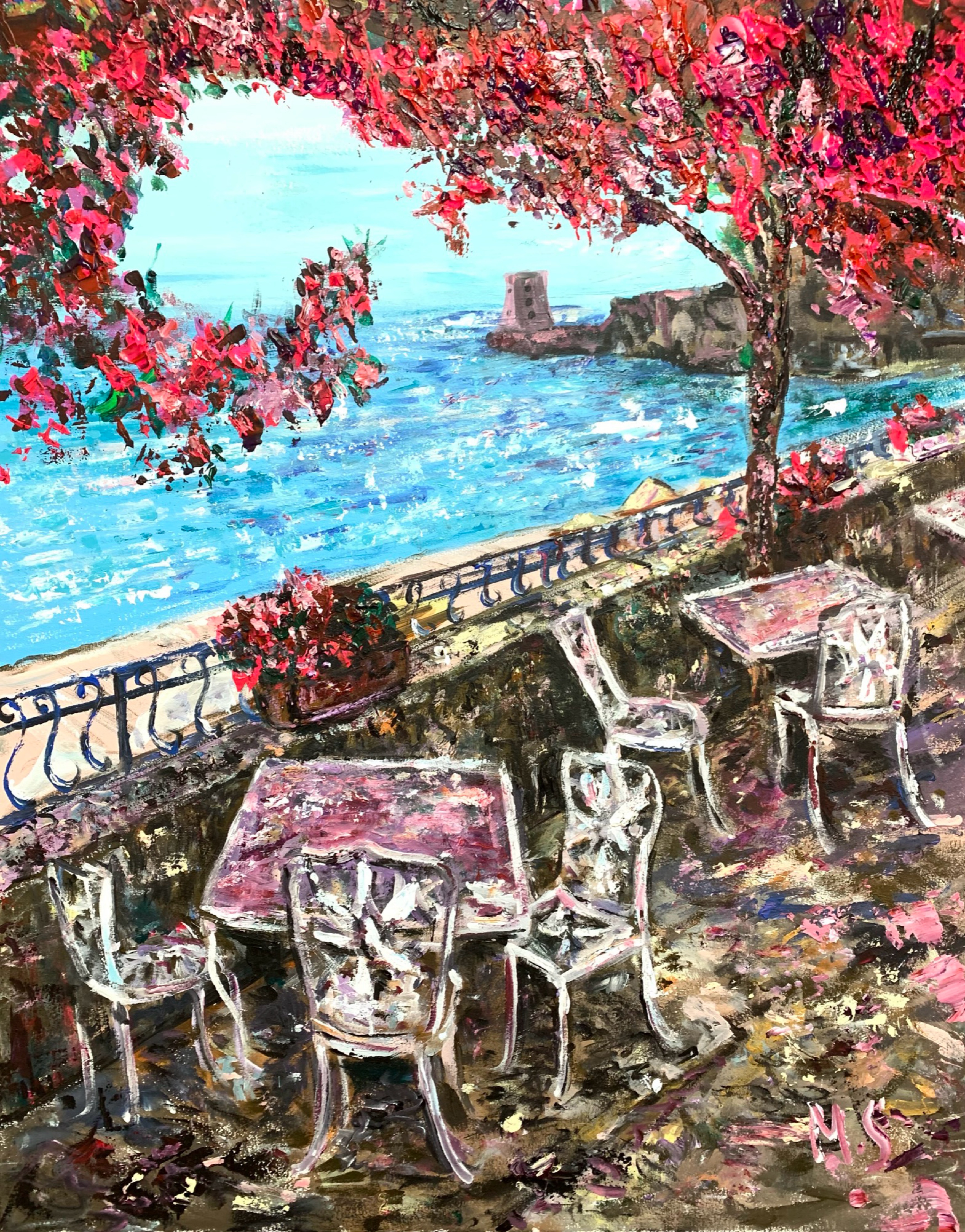 Positano Terrace — original painting by Marina Stognieva, acrylic on canvas, 75 × 95 cm, 2021